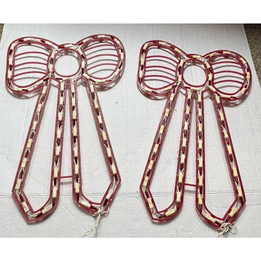 Vintage Christmas Lighted Bow Decorations Red Lights Set of 3 Large 30”
